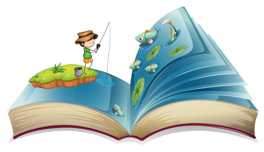 Livro de menino pescando na lagoa vetor