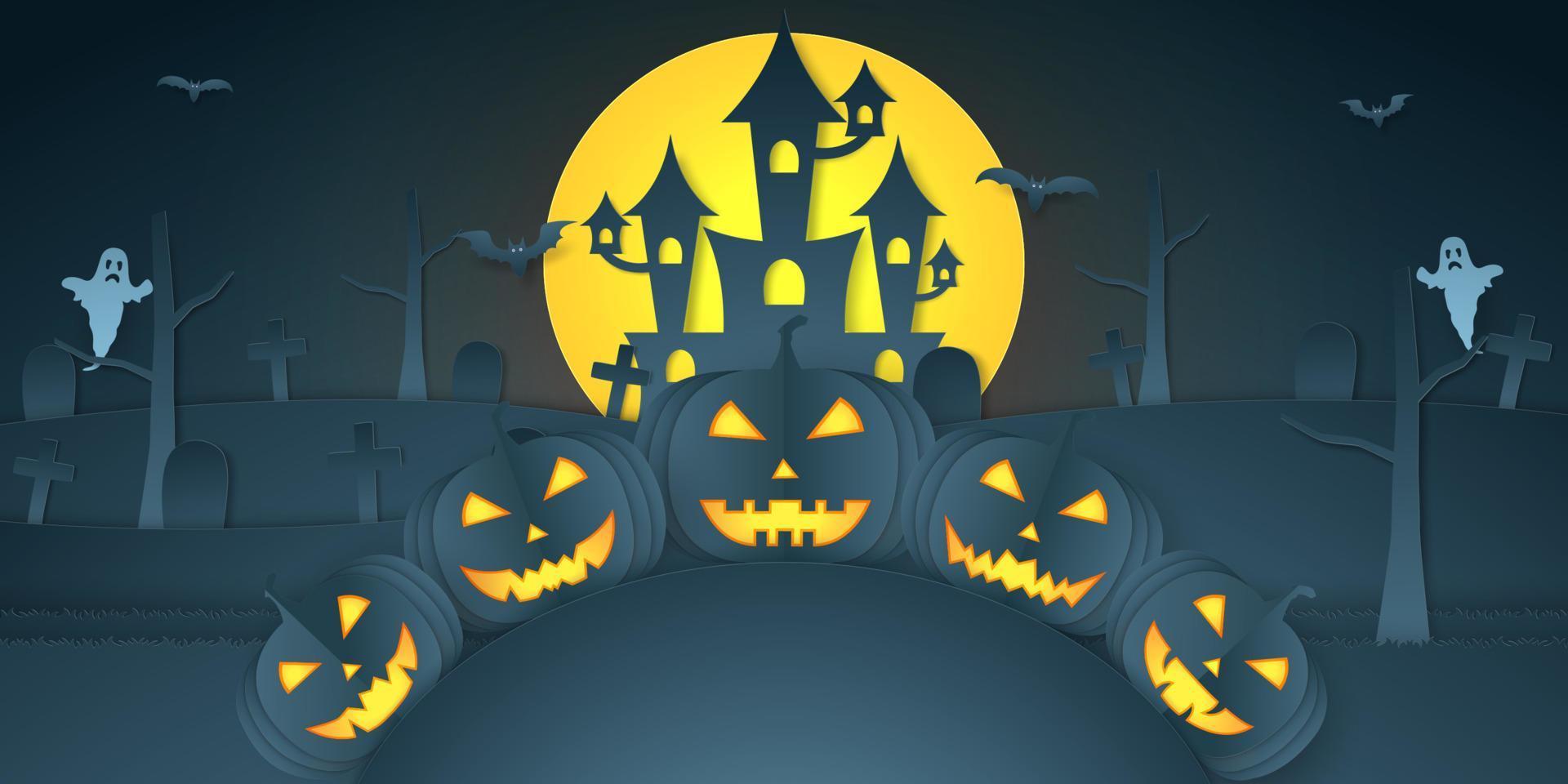 cabeça de abóbora de halloween na colina com castelo, cemitério, morcego, fantasma e lua brilhante, estilo arte em papel vetor