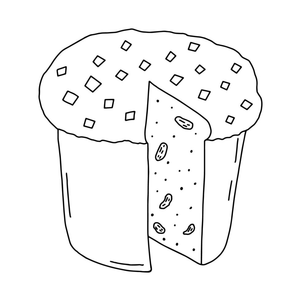 bolinho de páscoa isolado no fundo branco. desenho de linha desenhado à mão. doodles.cupcake com uma peça recortada com passas .para têxteis, postais e jóias. vetor