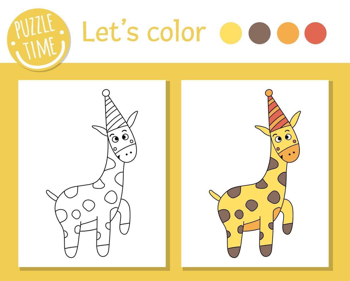 página para colorir de aniversário para crianças. girafa engraçada com chapéu de festa. ilustração vetorial de contorno de férias com animal fofo. livro de cores de festa para crianças com exemplo colorido vetor