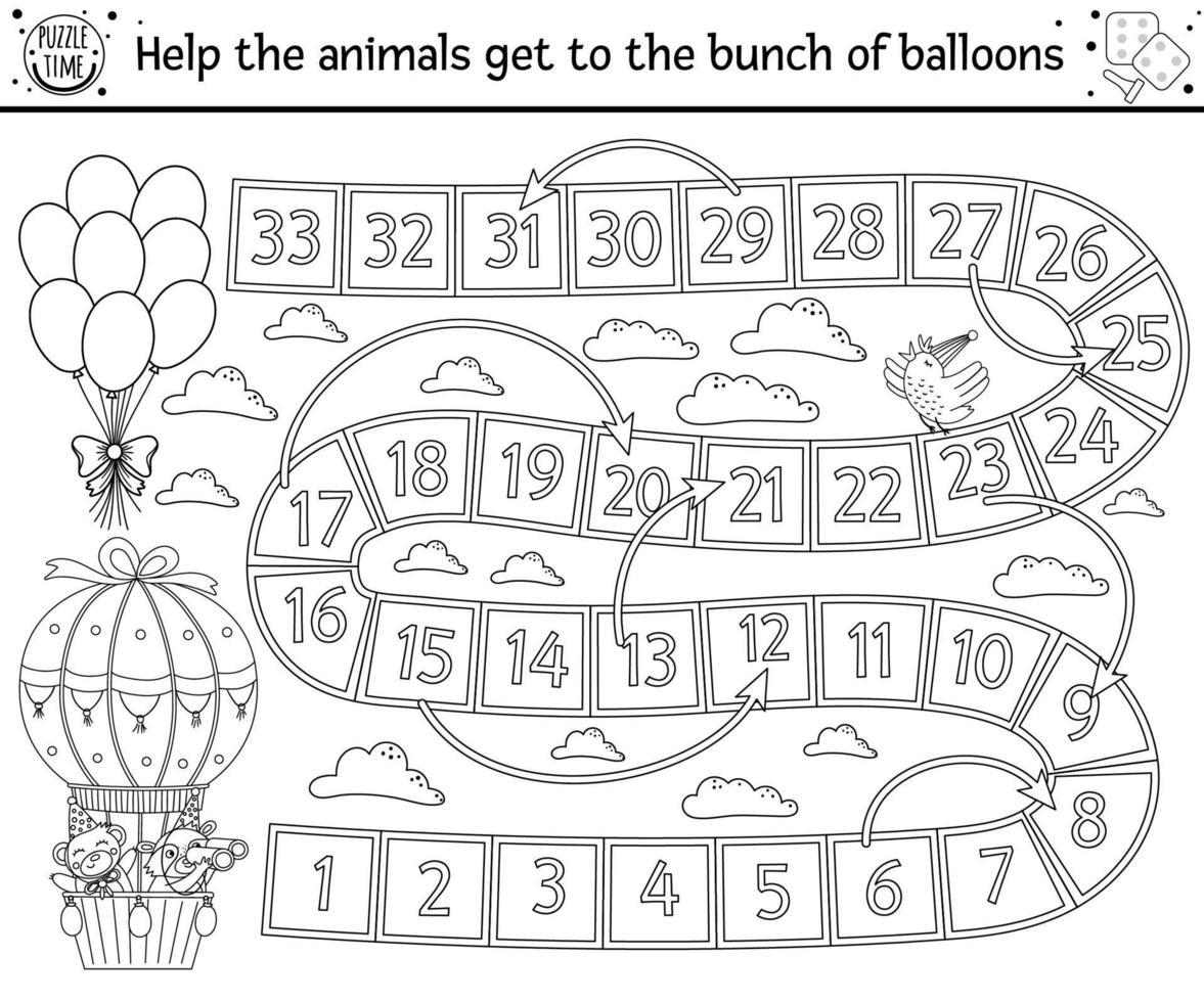 jogo de tabuleiro preto e branco de aniversário para crianças com animais fofos em balão de ar quente. jogo de tabuleiro de férias de contorno educacional com nuvens, arco-íris e balões. atividade de linha de festa para crianças. vetor