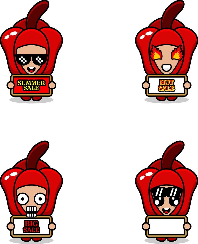 conjunto de trajes de mascote de pimenta vermelha vetor de personagem de desenho bonito coleção de pacotes de venda de verão