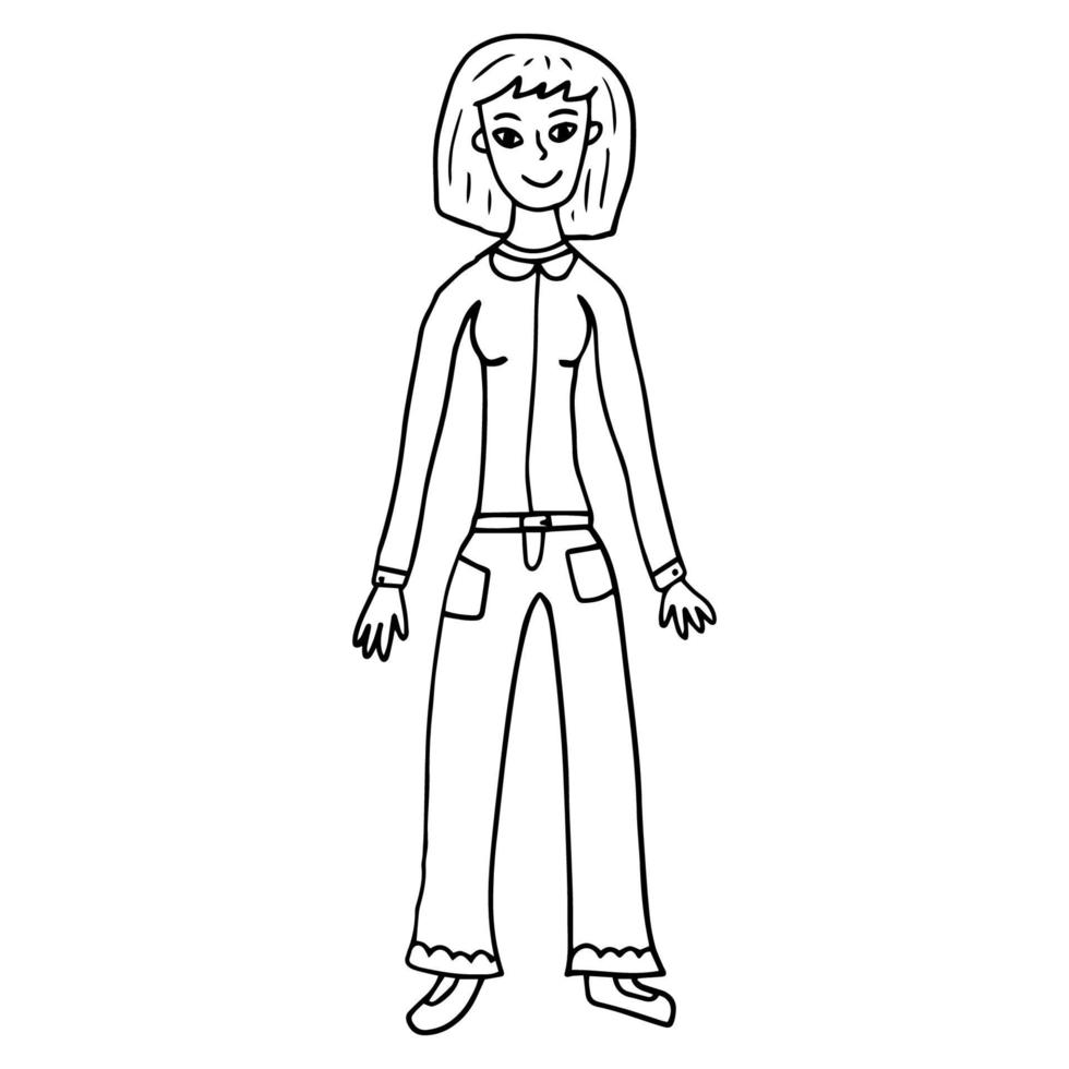 doodle jovem feliz. menina adolescente isolada no fundo branco. vetor