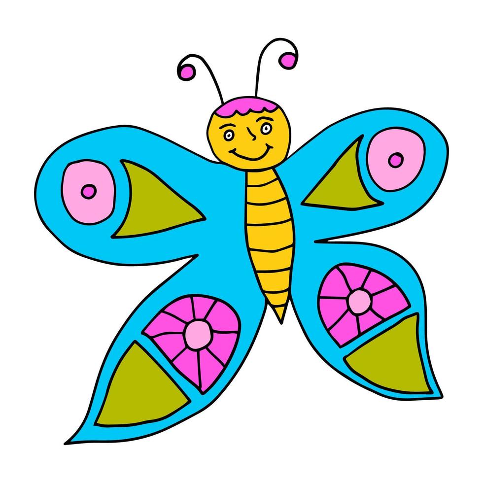 borboleta doodle dos desenhos animados isolada no fundo branco. inseto de verão feliz. vetor