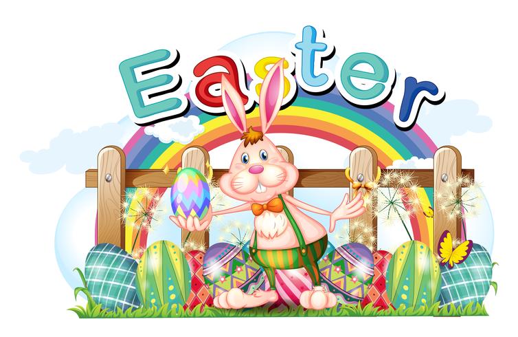 Cartão de Páscoa feliz com coelho e ovos vetor