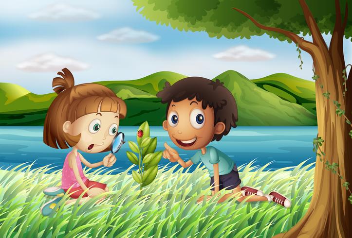 Crianças perto do rio com uma lupa vetor