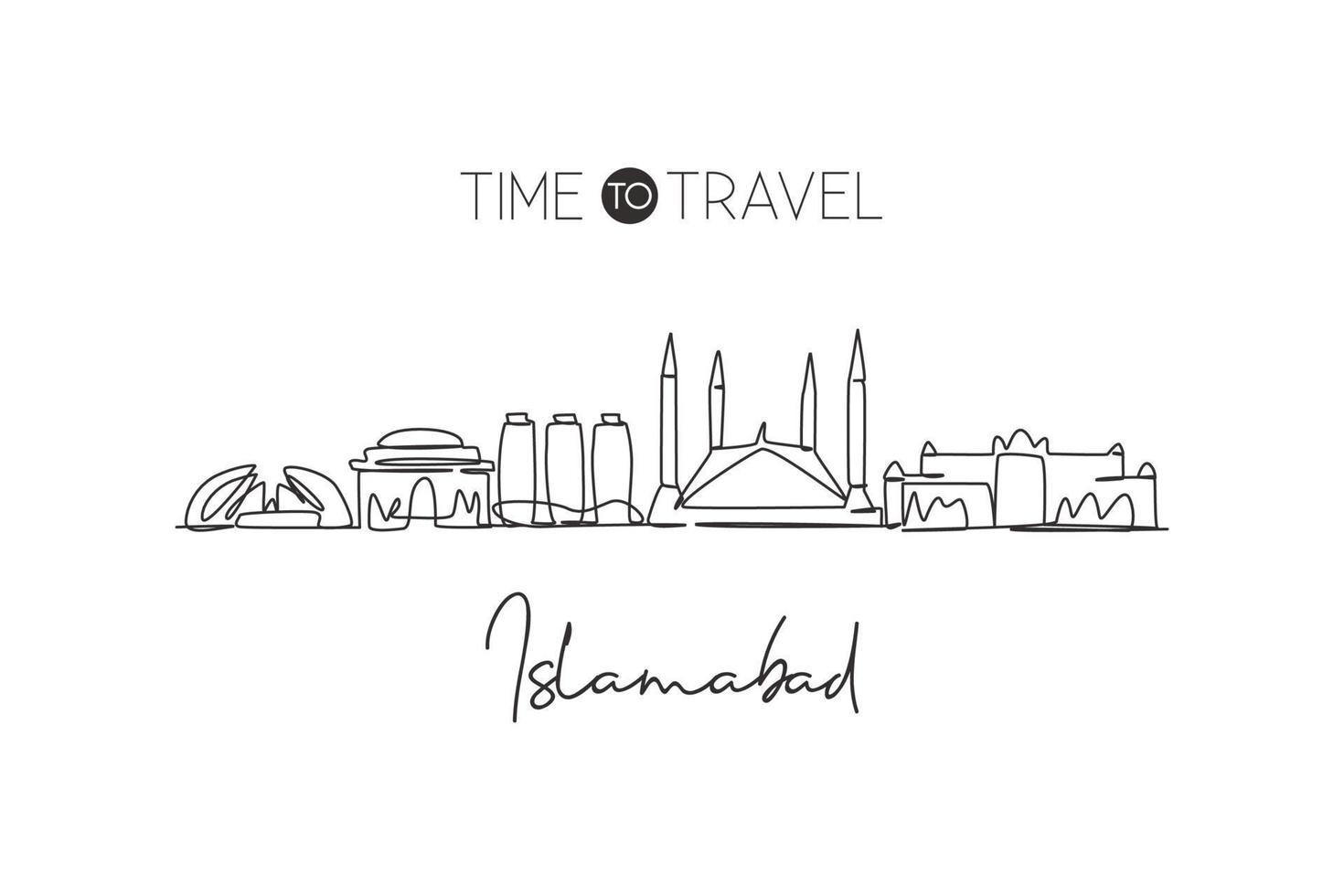 um único desenho de linha do horizonte da cidade de islamabad, paquistão. cópia histórica do cartaz da decoração da parede da casa da paisagem da cidade. melhor destino de férias. ilustração em vetor design de desenho de linha contínua na moda