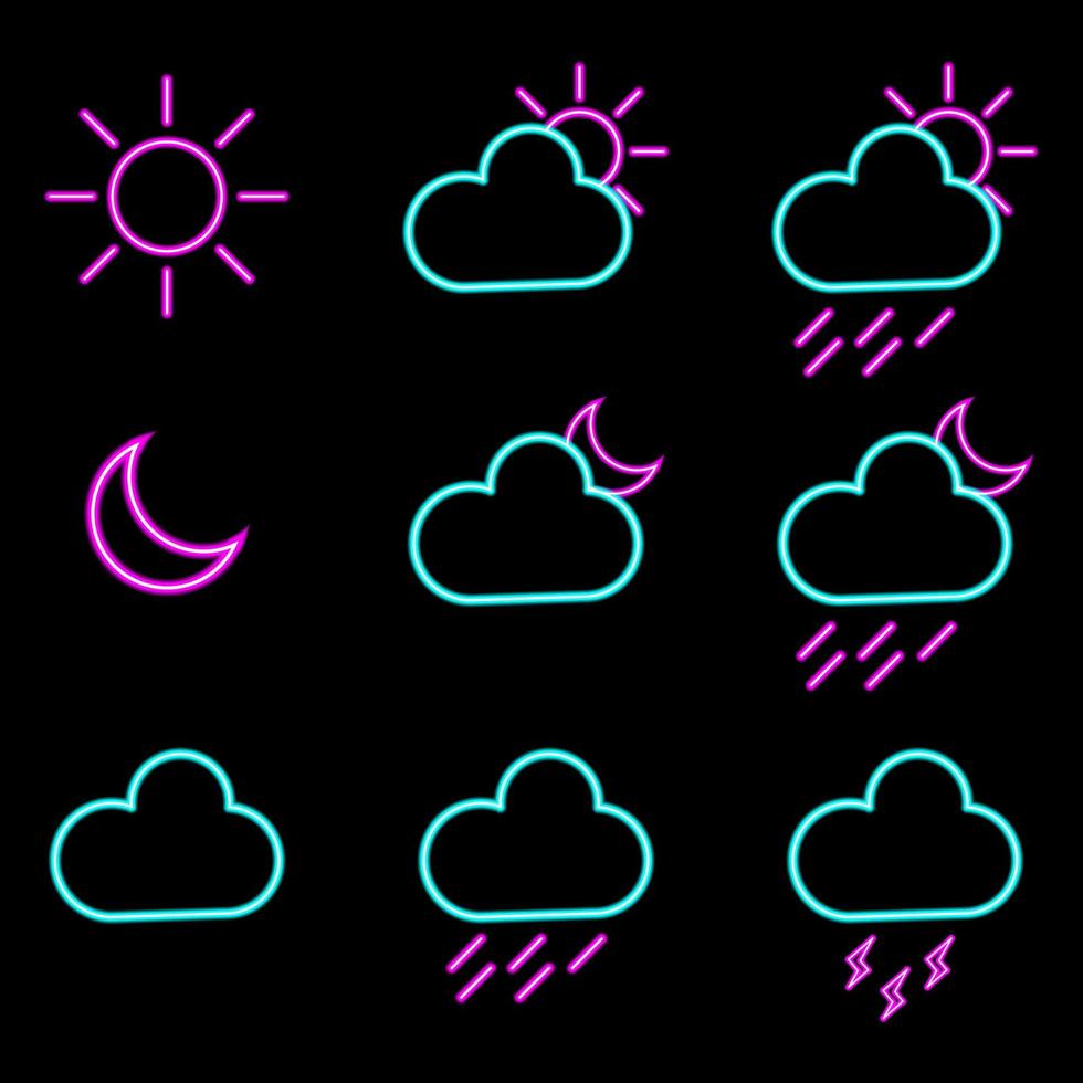 conjunto de ícones de luz neon de previsão do tempo. ilustração vetorial vetor