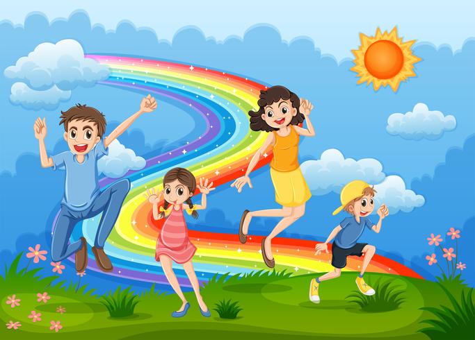 Uma família no topo da colina brincando com o arco-íris vetor