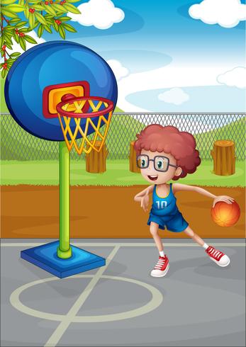 Um, menino jogando basquetebol vetor