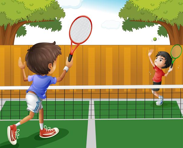 Dois meninos, jogando tênis vetor
