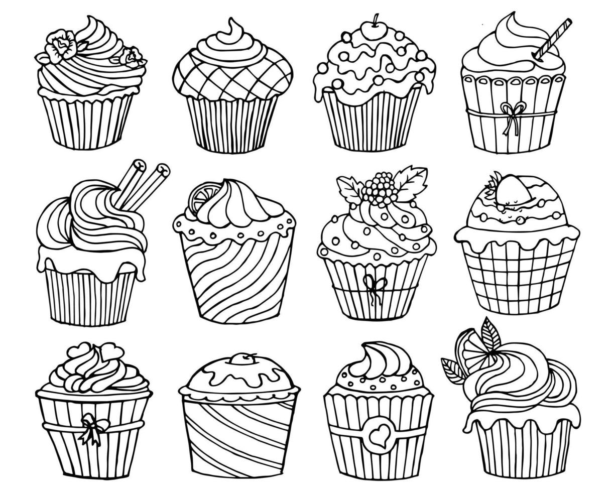 grande conjunto de cupcakes variados desenhados à mão, ilustração. contorno preto. rabiscos, ícones para cafés, indústria alimentícia vetor