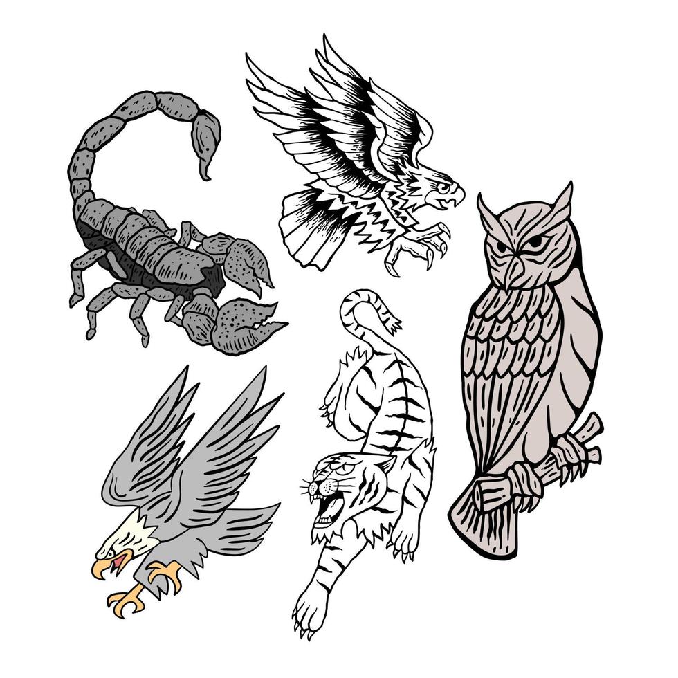 coleção de imagens de tatuagem de animais, estilo desenhado à mão, ilustrações vetoriais premium vetor