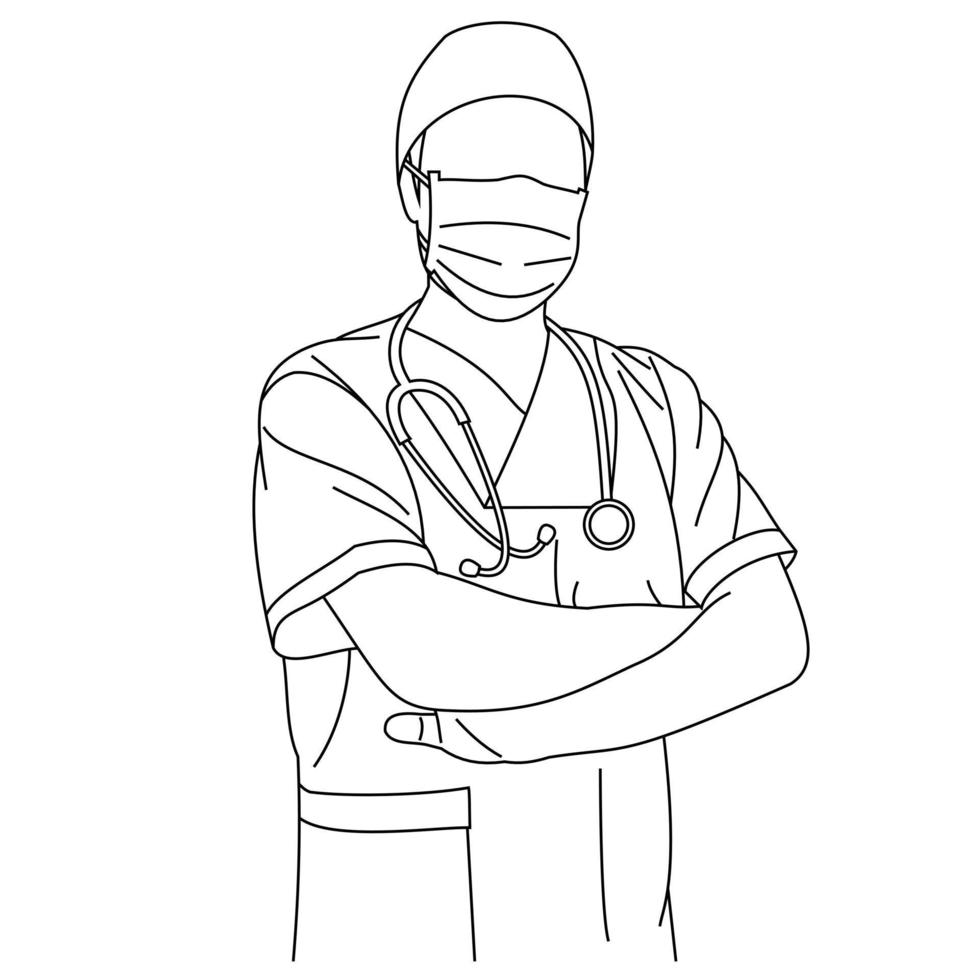 ilustração de linha desenhando um jovem cirurgião bonito ou médico posando vestindo uniforme uniforme com braços cruzados ou cruzados e um estetoscópio. um retrato de um médico do sexo masculino com um estetoscópio vetor