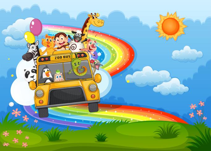 Um ônibus do zoológico no topo da colina com um arco-íris no céu vetor