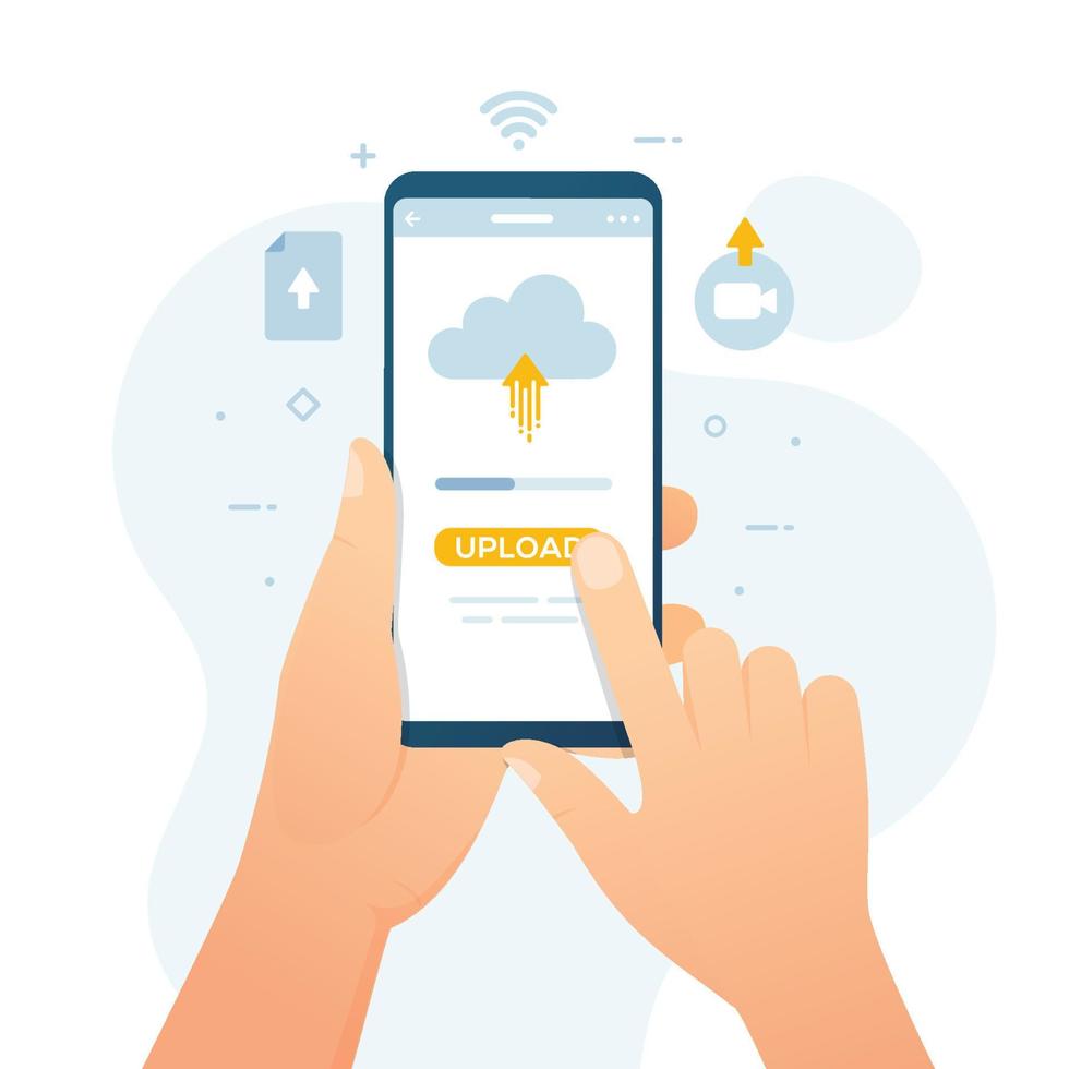 mão segurando o smartphone com ilustração vetorial de botão de nuvem e upload vetor
