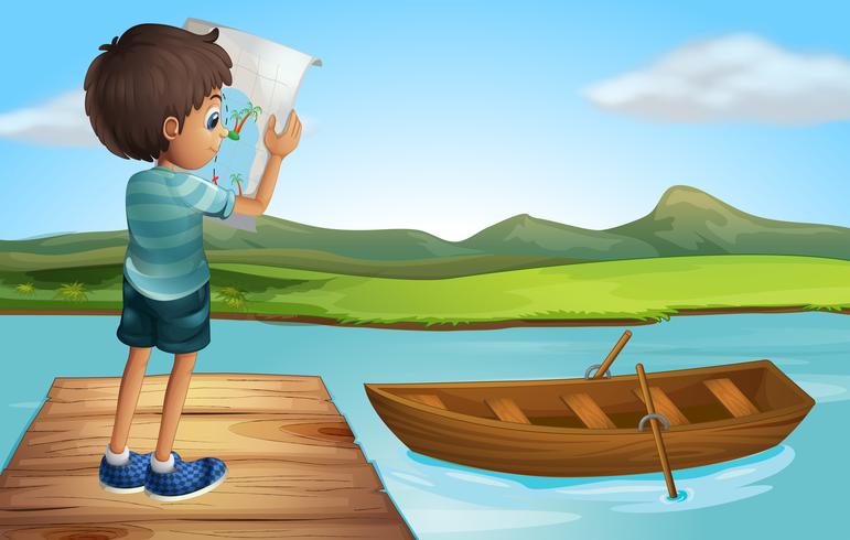 Um menino no rio com um barco de madeira vetor