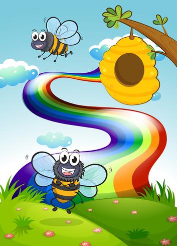 Um morro com abelhas e uma colméia perto do arco-íris vetor