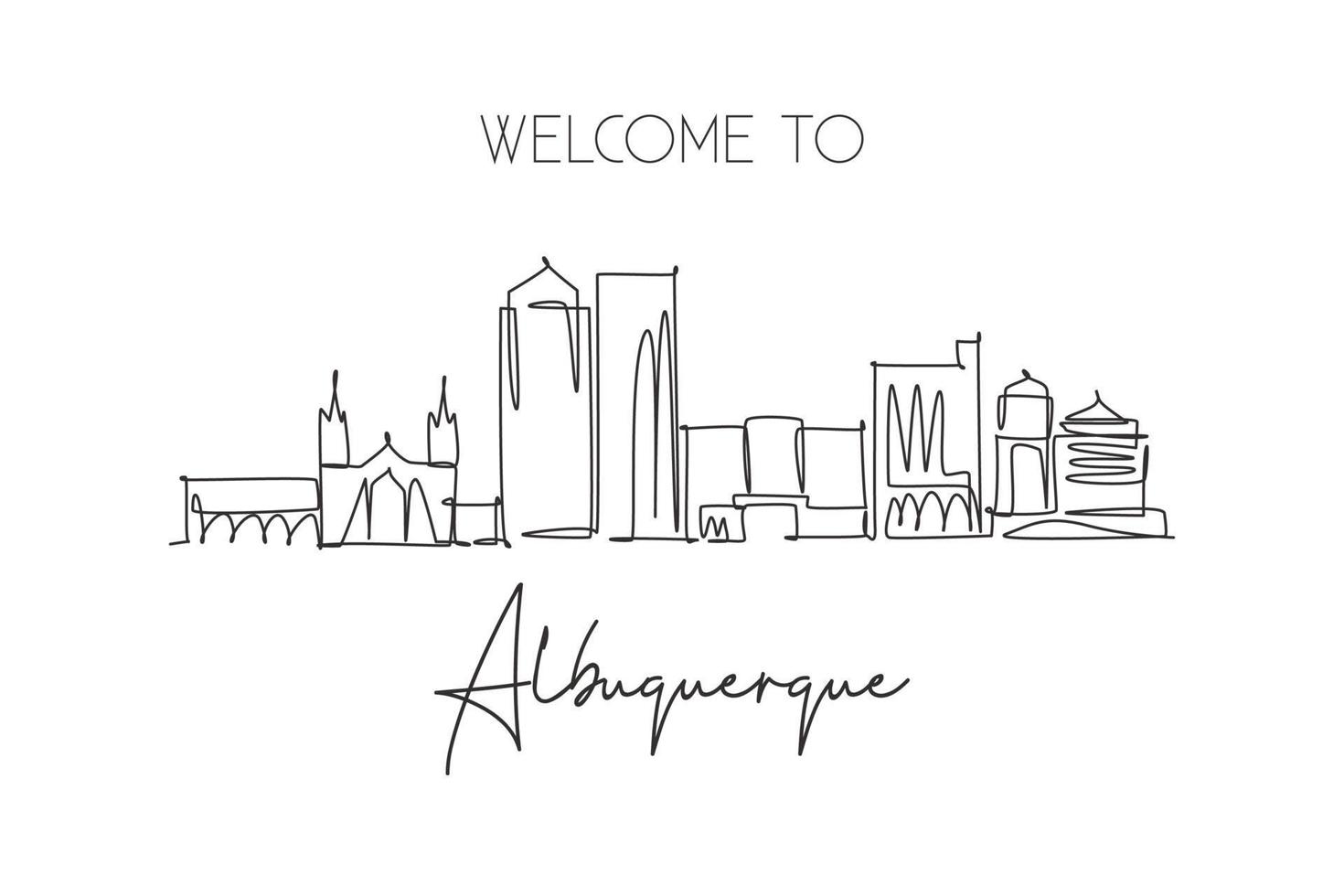 único desenho de linha contínua do horizonte da cidade de albuquerque, novo méxico. famosa paisagem da cidade. conceito de viagem pelo mundo, decoração de parede para casa, pôster, impressão, arte. ilustração em vetor design de desenho de uma linha moderna