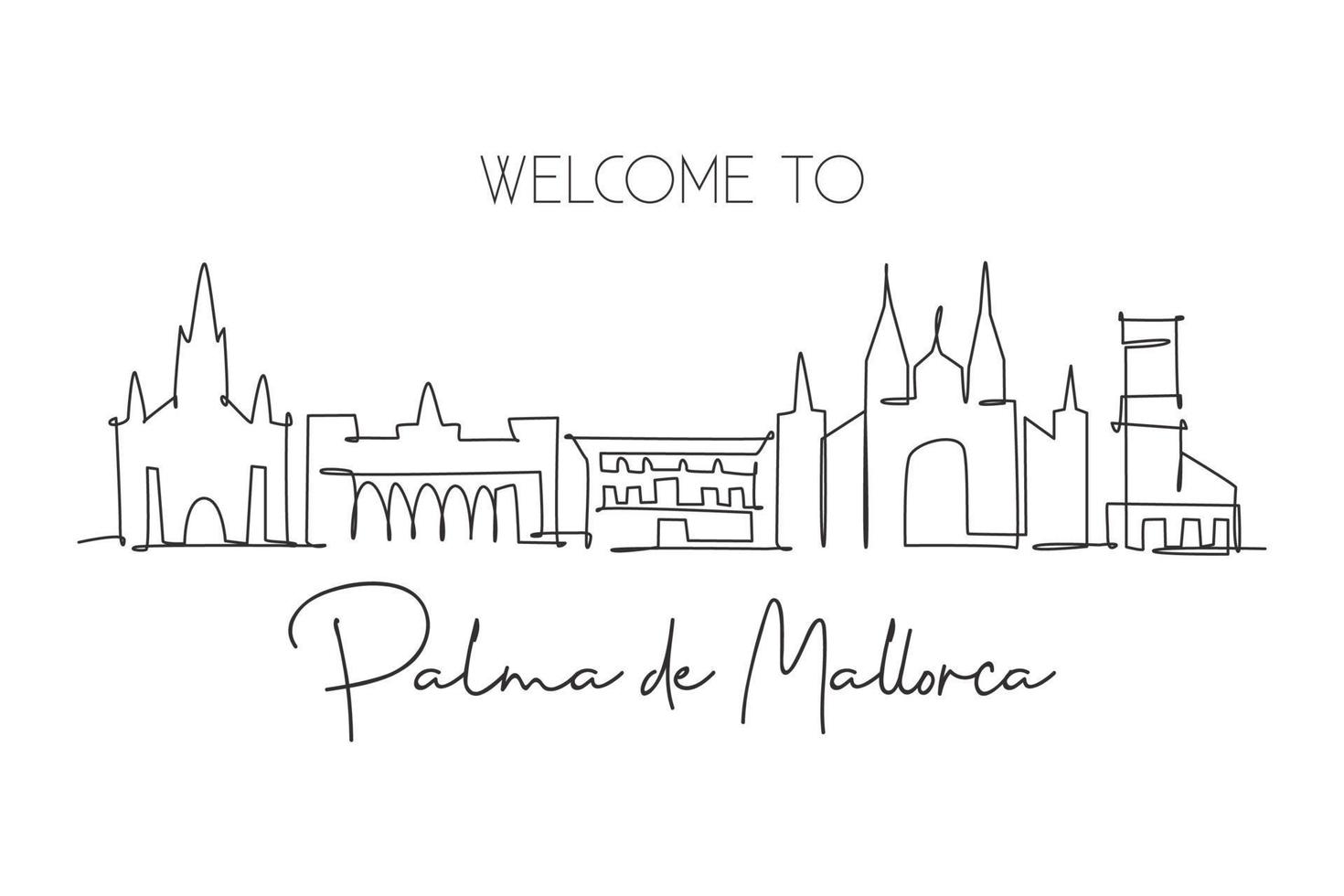 um único desenho de linha do horizonte da cidade de palma de mallorca espanha. paisagem histórica de arranha-céus no mundo. melhor cartaz de decoração de parede de destino de férias. ilustração em vetor design de desenho de linha contínua