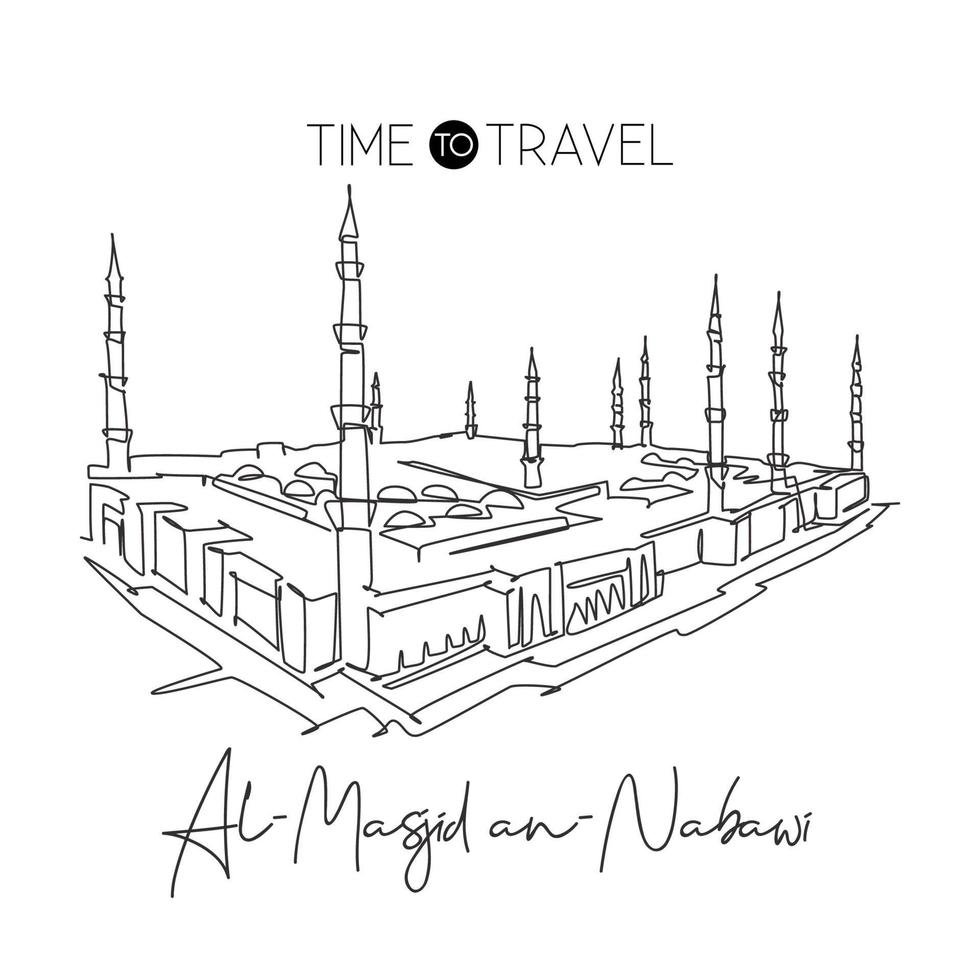 uma linha contínua desenhando masjidil um marco nabawi. mesquita sagrada em medina arábia saudita. hajj religioso e conceito de lugar de oração umrah. cartaz de decoração de parede. ilustração vetorial de desenho de linha única vetor