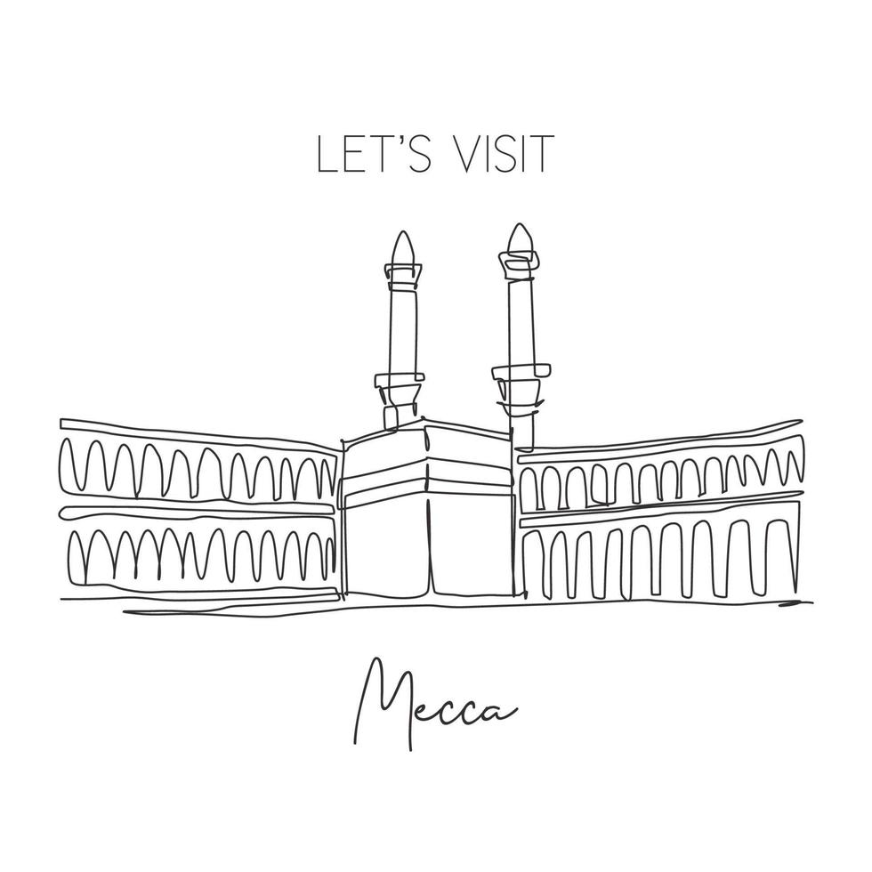 único desenho de linha contínua masjidil haram marco. lugar mais sagrado de meca, arábia saudita. conceito de arte de decoração de parede de viagem religiosa hajj e umrah. ilustração em vetor design de desenho dinâmico de uma linha