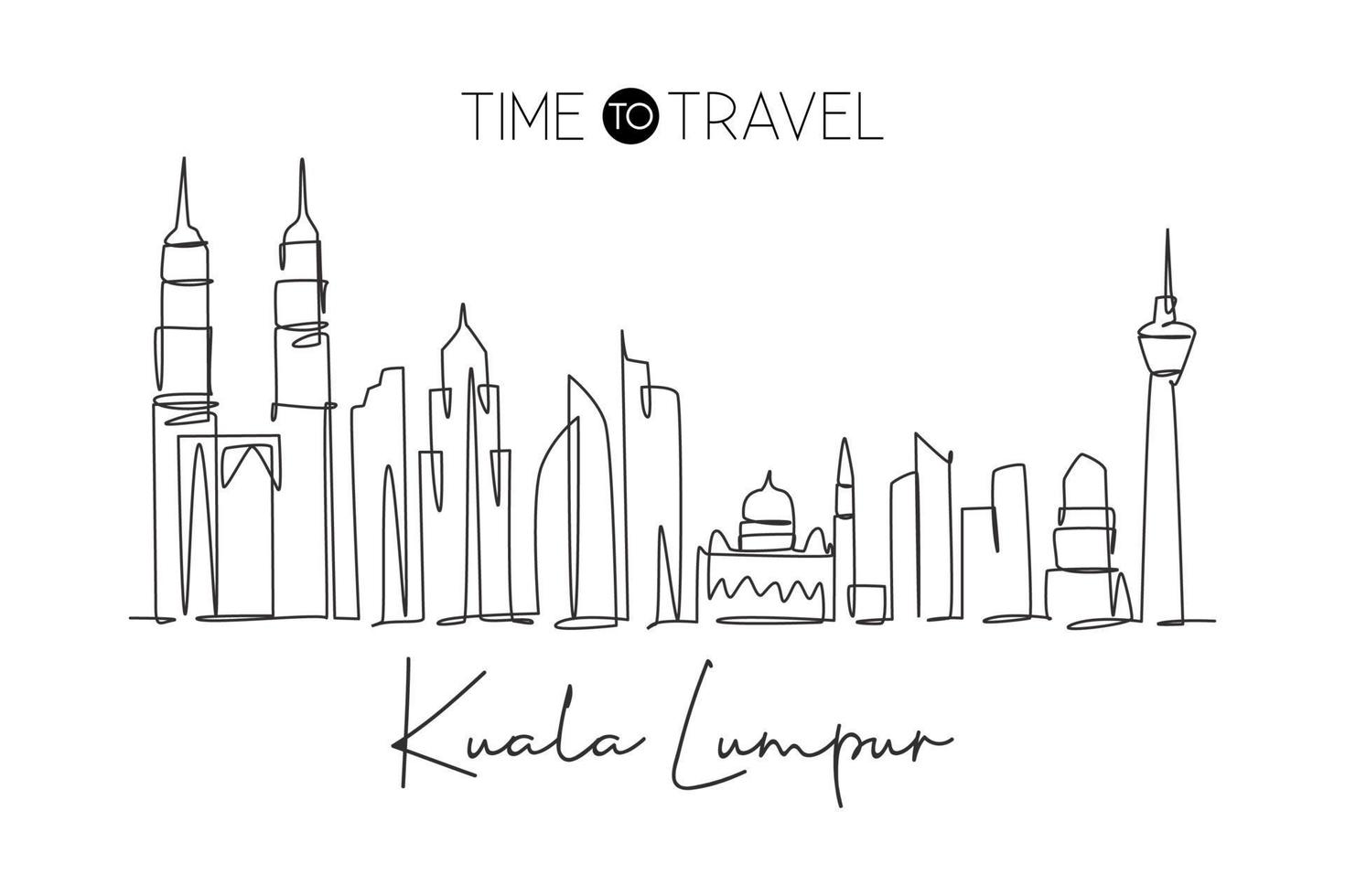 único desenho de linha contínua do horizonte da cidade de kuala lumpur, malásia. famosa paisagem da cidade. impressão do cartaz da arte da decoração da parede da casa do conceito de viagem pelo mundo. ilustração em vetor design de desenho de uma linha moderna