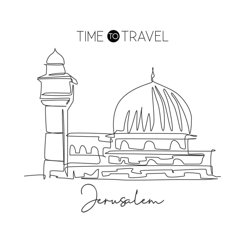 uma única linha desenhando o marco da mesquita al aqsa. famoso icônico em jerusalém. conceito de impressão de cartaz de decoração de parede de cartão postal de viagem religiosa de turismo. ilustração em vetor design de desenho de linha contínua moderna