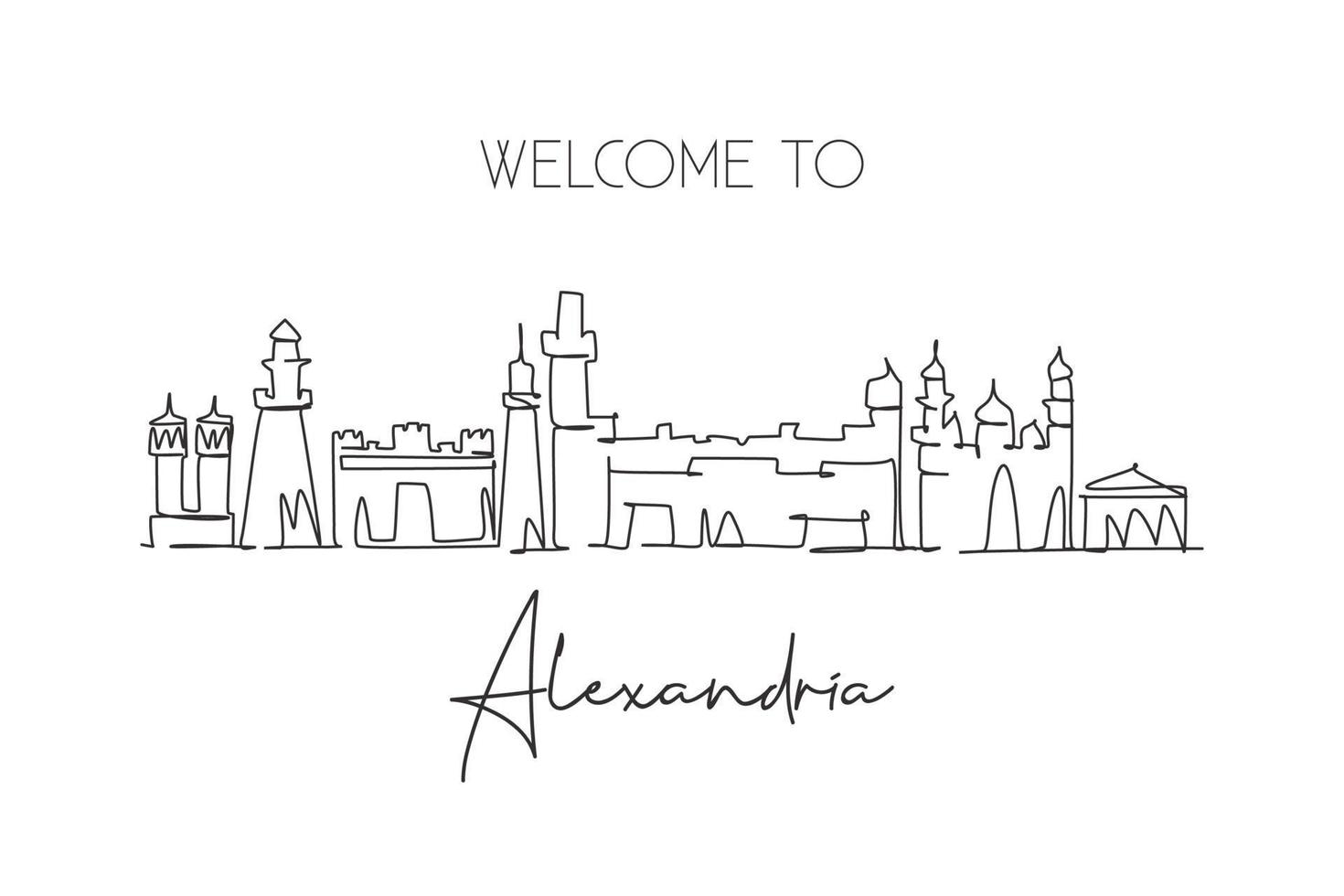 um desenho de linha contínua do horizonte da cidade de alexandria, egito. belo marco da cidade. turismo de paisagem mundial e férias de viagem. ilustração vetorial de design de desenho de linha única de traço elegante editável vetor