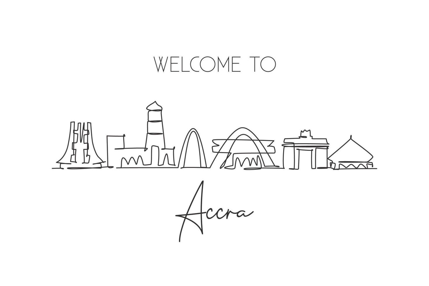 um único desenho de linha do horizonte da cidade de accra, gana. impressão do cartaz da arte da parede da decoração da casa da paisagem da cidade histórica do mundo. melhor destino de férias. ilustração em vetor design de desenho de linha contínua na moda