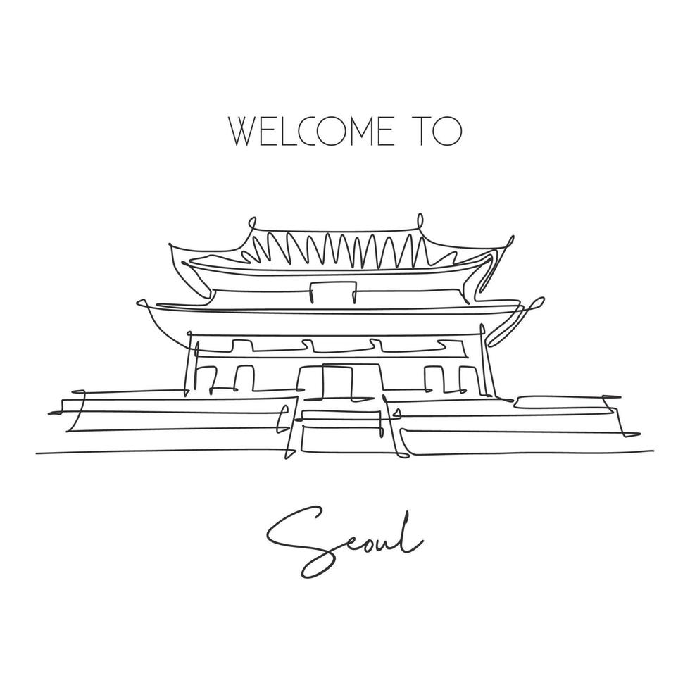 uma linha contínua desenhando o marco do palácio gyeongbokgung. antigo castelo antigo em seul, coreia do sul. conceito de arte de cartaz de decoração de parede de férias de férias. ilustração em vetor design de desenho de linha única moderna