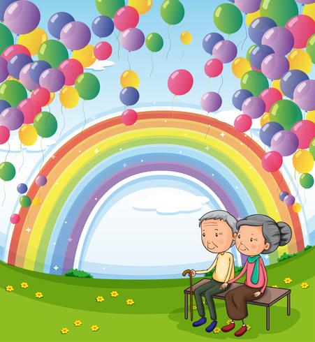 Um casal de velhos abaixo os balões flutuantes e o arco-íris vetor