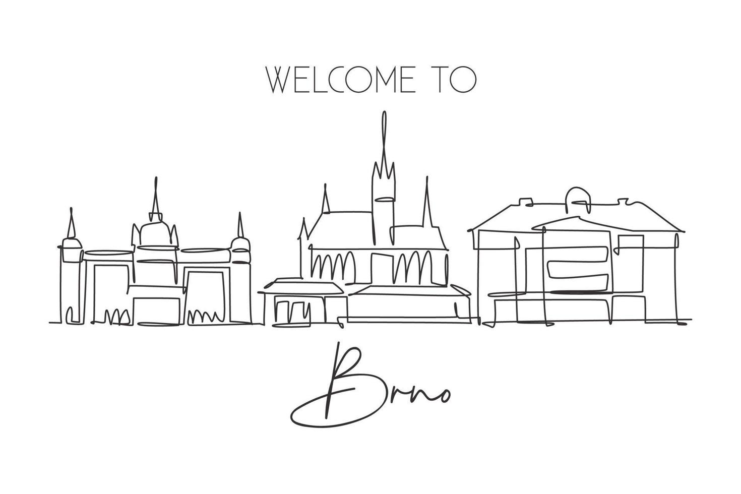 um desenho de linha contínua do horizonte da cidade de brno, república checa. belo marco. impressão do cartaz da decoração da parede da casa do turismo da paisagem mundial. ilustração em vetor de design de desenho de linha única elegante