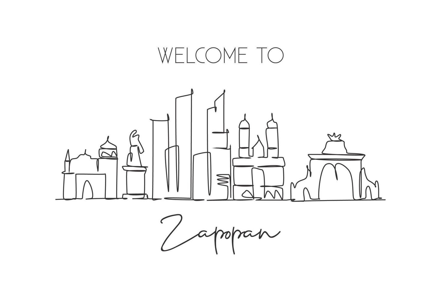 um desenho de linha contínua zapopan city skyline méxico. bela impressão de cartão postal de marco. férias de viagens de turismo de paisagem mundial. ilustração em vetor design de desenho de linha única de traço elegante editável