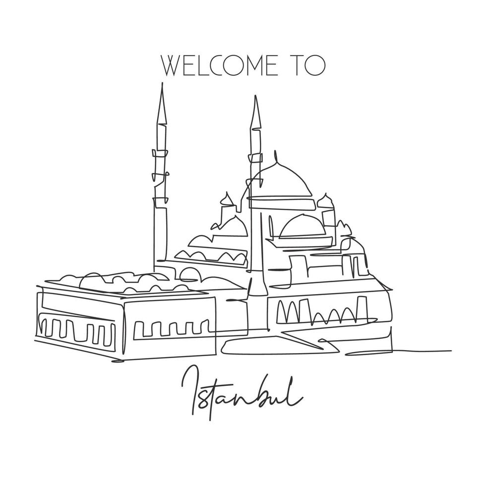 uma única linha desenhando o novo marco da mesquita. mundialmente famosa paisagem urbana icônica em Istambul, Turquia. conceito de cartaz de decoração de parede de cartão postal de viagens de turismo. ilustração em vetor design de desenho de linha contínua moderna
