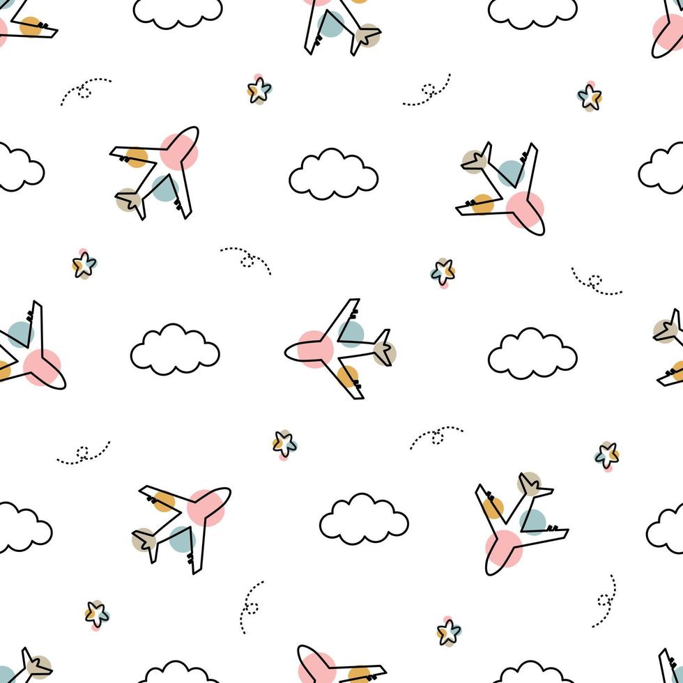 avião e nuvens no céu bebê padrão perfeito desenhado à mão fundo bonito dos desenhos animados para criança vetor
