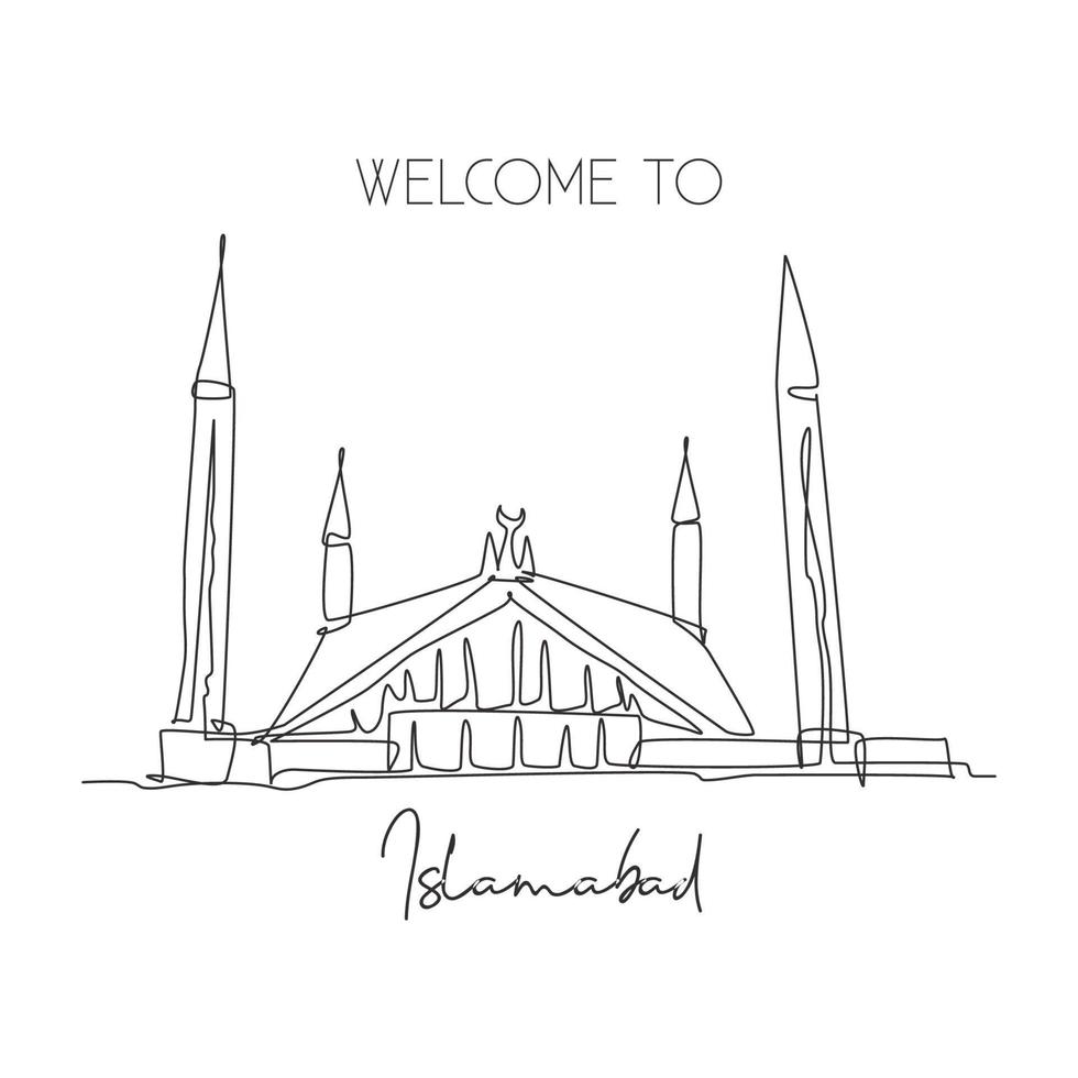 único desenho de linha contínua marco da mesquita shah faisal. belo lugar famoso em islambad, paquistão. conceito de cartaz de decoração de parede para casa de viagem mundial. ilustração em vetor design de desenho dinâmico de uma linha