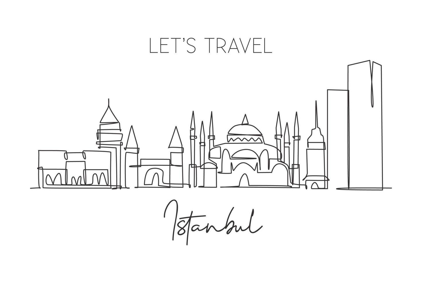 uma única linha desenhando o horizonte da cidade de Istambul, Turquia. paisagem histórica da cidade no mundo. melhor cartaz de decoração de parede de arte para casa de destino de férias. ilustração em vetor design de desenho de linha contínua na moda