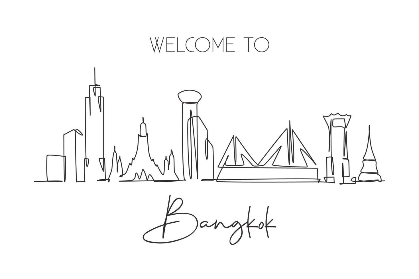 um desenho de linha contínua do horizonte da cidade de bangkok, tailândia. belo marco. cartaz de férias de viagens de turismo de paisagem mundial. ilustração em vetor design de desenho de linha única de traço elegante editável