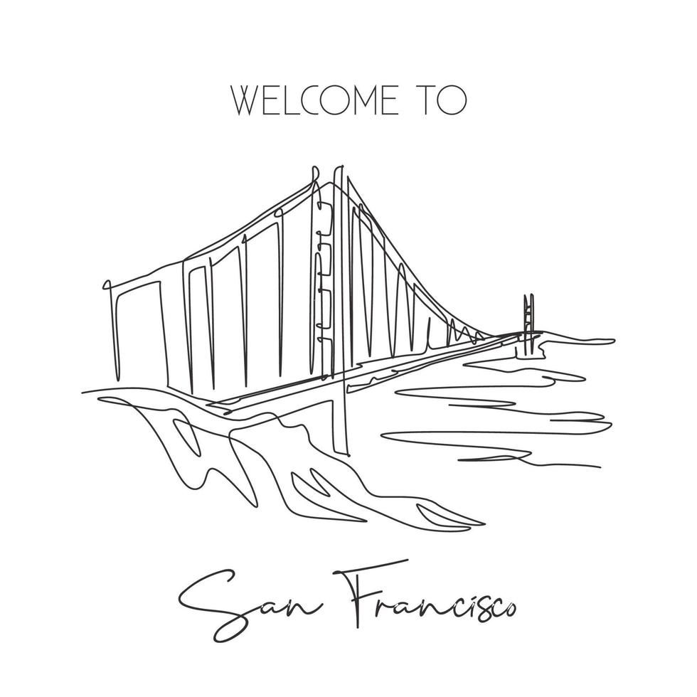 uma única linha desenhando o marco da ponte golden gate. lugar icônico em san francisco, eua. conceito de impressão de pôster de arte de parede de decoração de viagem de turismo. ilustração em vetor design de desenho de linha contínua moderna