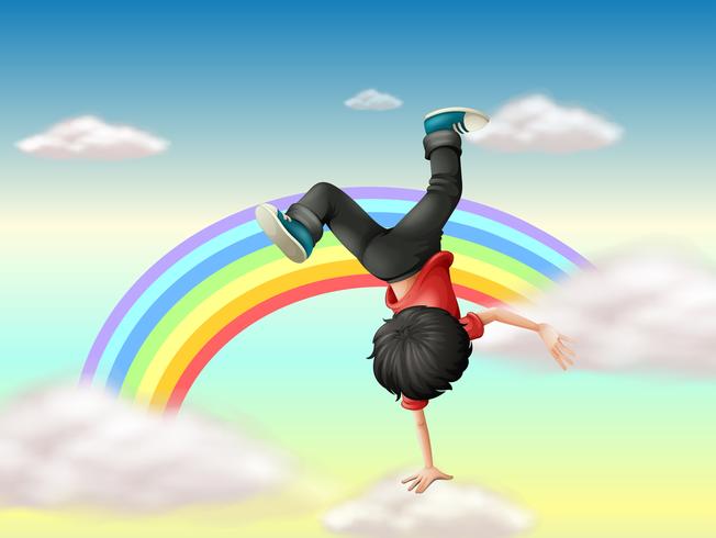 Um menino que executa uma dança de ruptura ao longo do arco-íris vetor