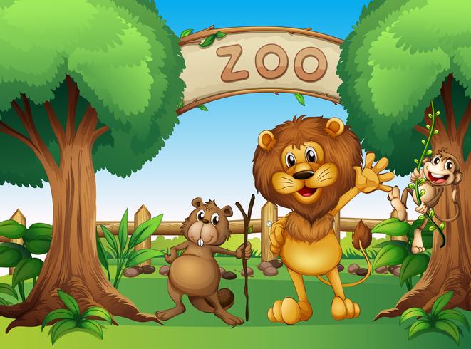 Um macaco, castor e um leão no zoológico vetor