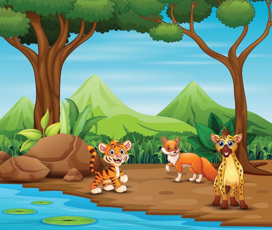 desenhos animados de animais selvagens vivendo na floresta vetor