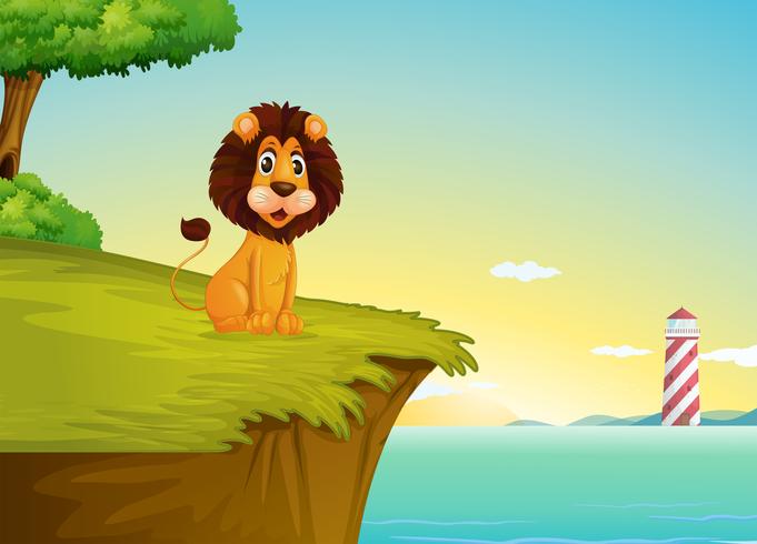Um leão sentado na falésia com vista para a torre vetor