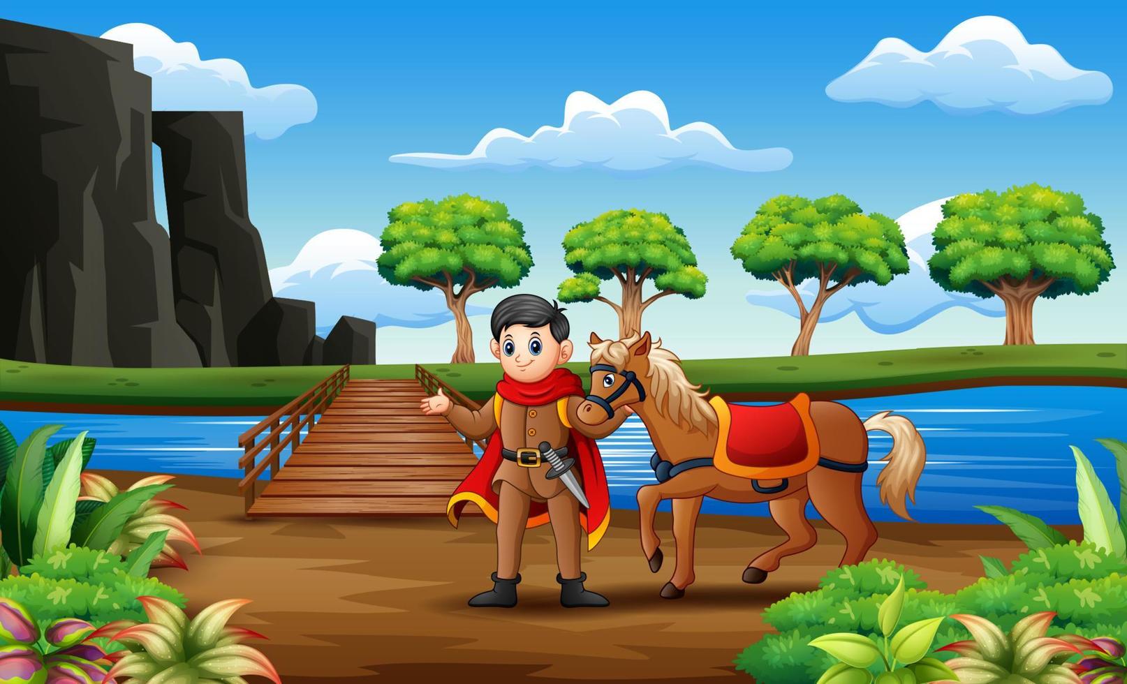 um príncipe e seu cavalo atravessando a ponte de madeira vetor