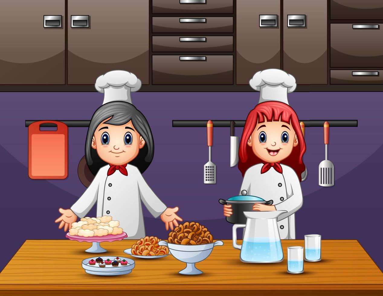 duas mulheres chef preparando comida na cozinha vetor