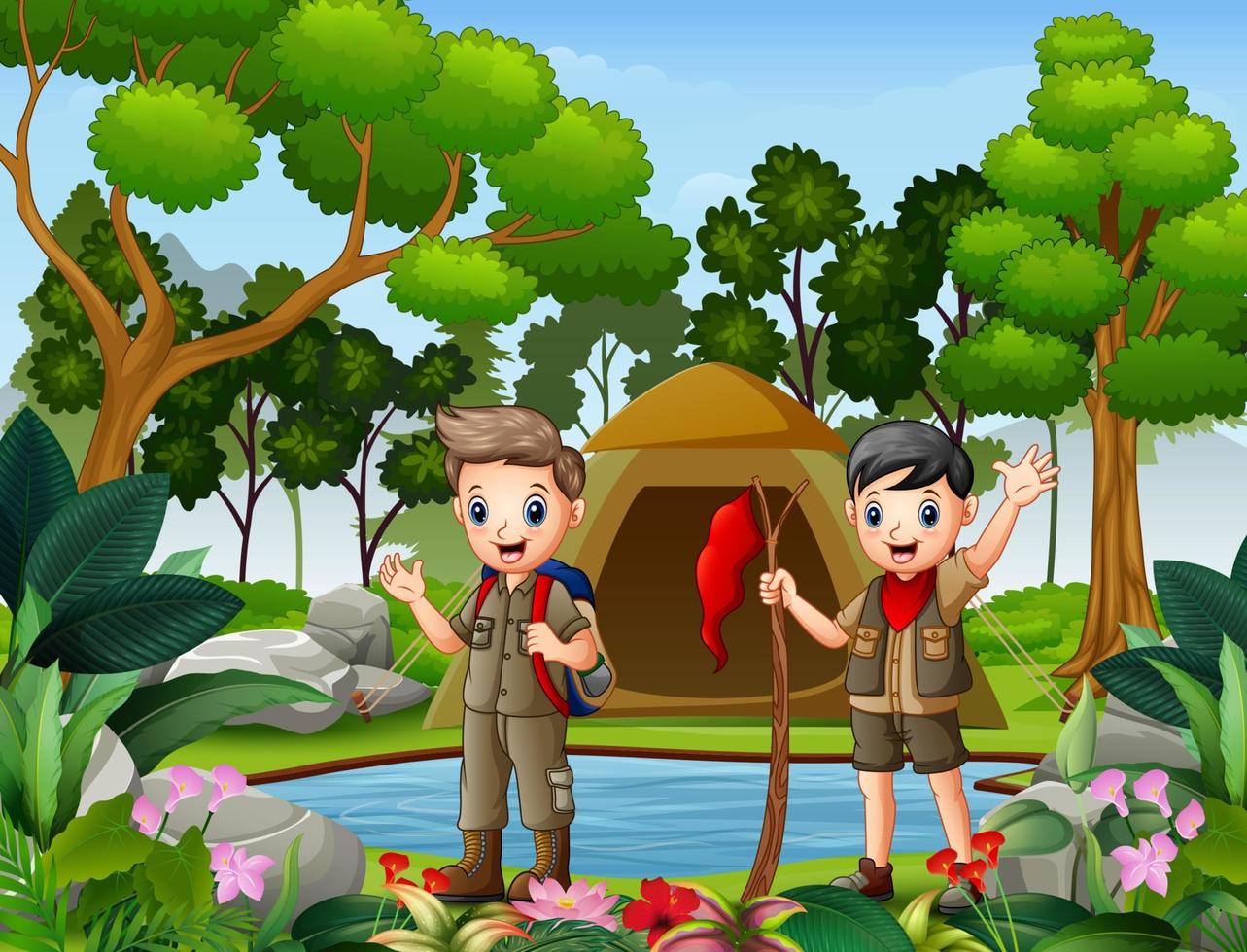 dois meninos acampando na floresta vetor