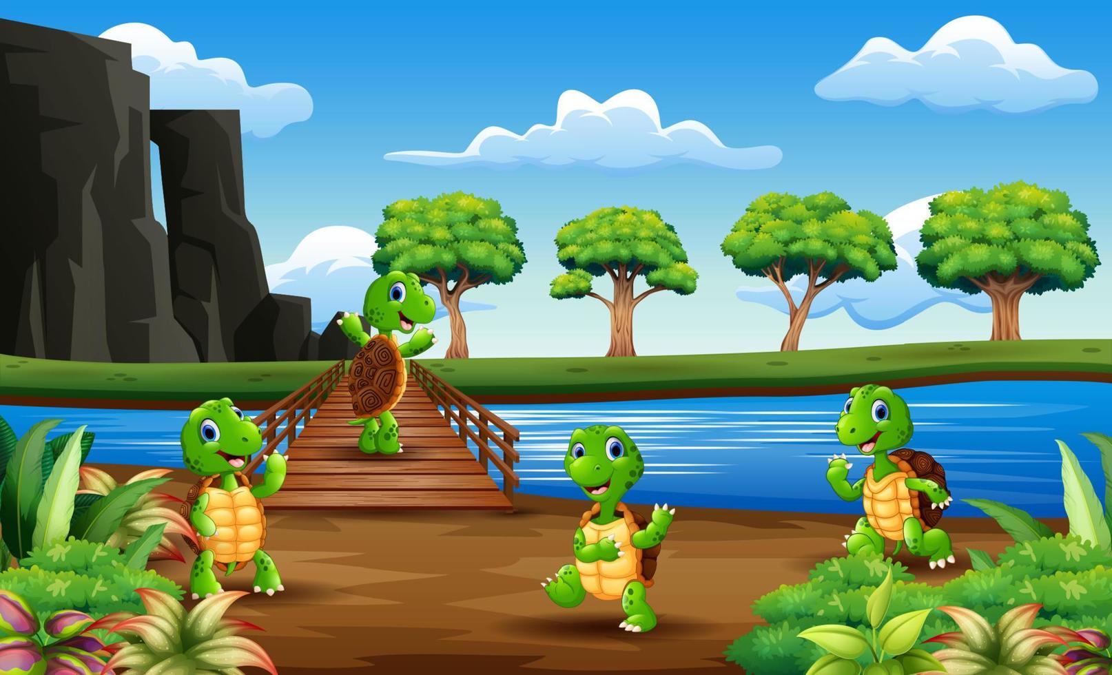 muitas tartarugas através da ponte de madeira vetor