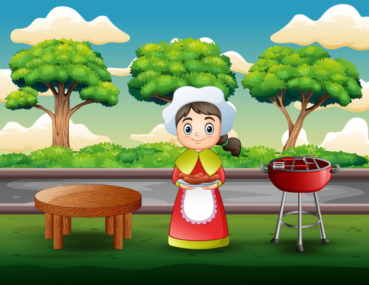 jovem mulher segurando bife na churrasqueira ao ar livre vetor