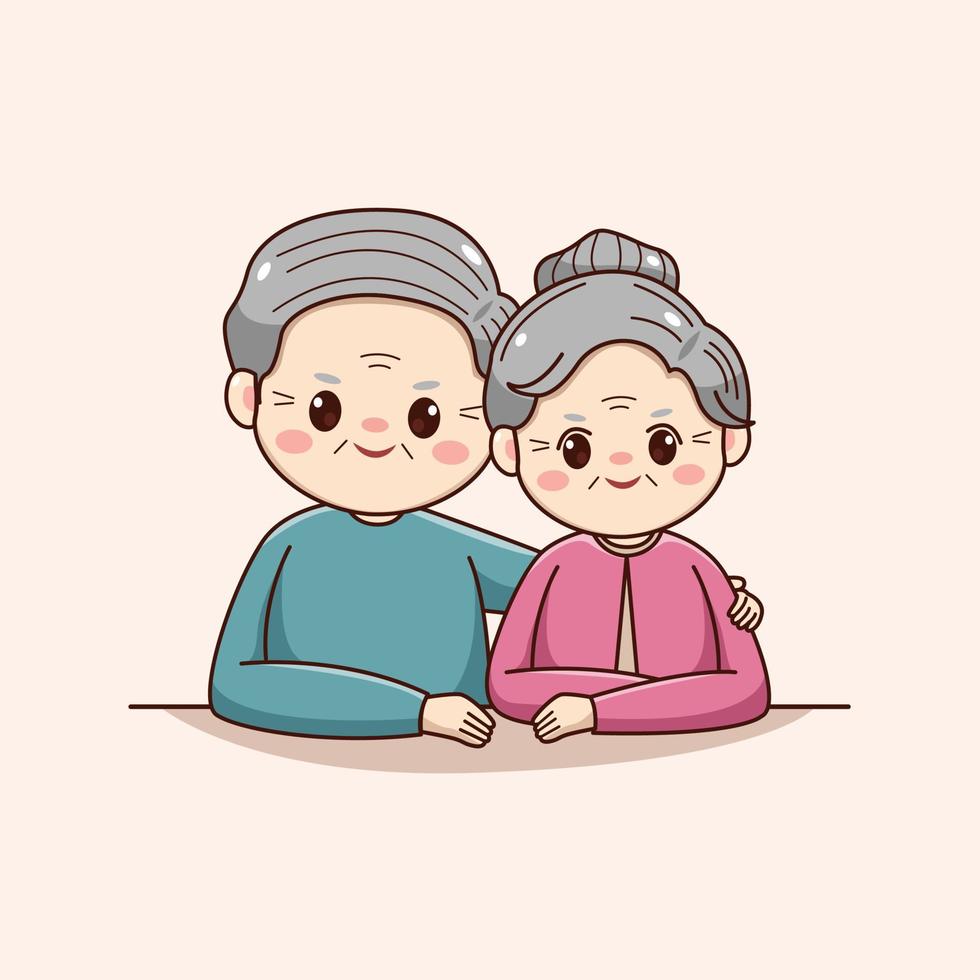 ilustração de lindo e feliz avô kawaii chibi design de personagens casal de dia dos namorados vetor